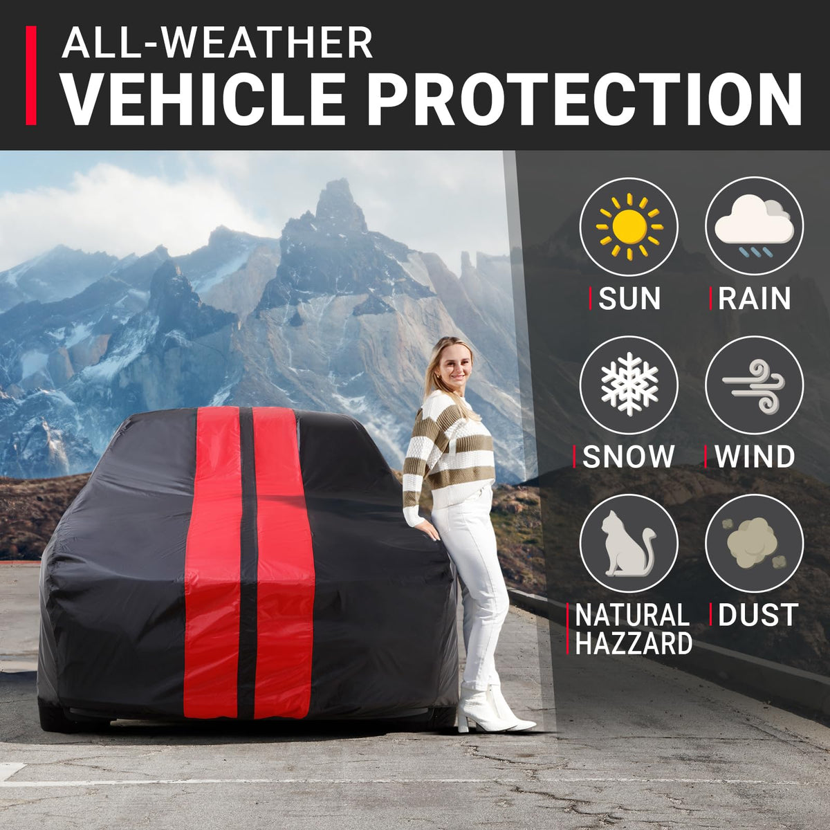 Car Waterproof Cover for 2024 (33. Mustang Grande 1973 / Black / Red (Stripe))