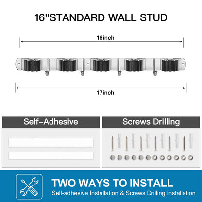 2 Pack Broom Holder Wall Mount Stainless Steel Mop Organizer (5 Racks with 4 Hooks / 2 Pack)