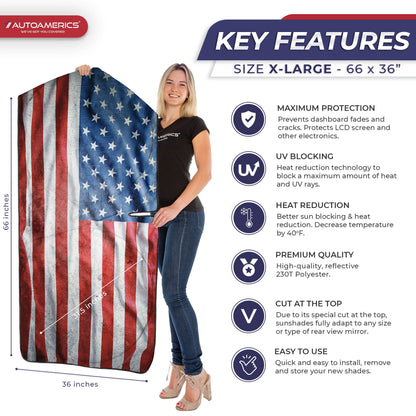 Truck Windshield Sun Shade with Storage Pouch & Anti (USA GRUNGE FLAG-3 / X-LARGE = 66 x 36 inches)
