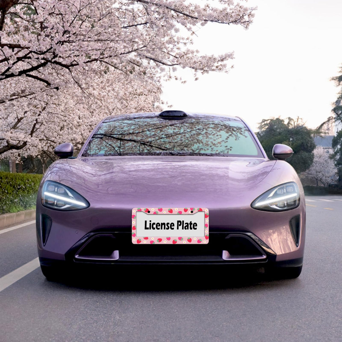 Strawberry License Plate Frame Flower Fruit Cute License Plate Frame Holder Covers with Screw Caps Kawaii Girly Metal Aluminum Rustproof Car Accessories for Women 12x6 Inch