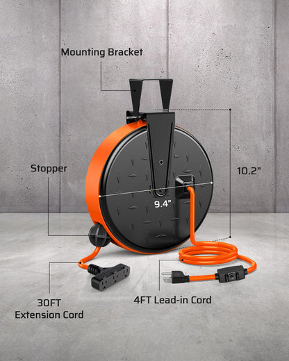 30FT Extension Cord Reel (Black/Orange-orange Cord)
