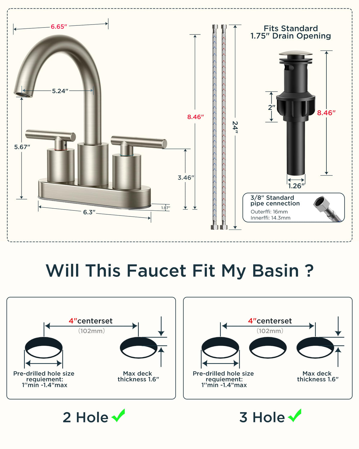 Brushed Nickel Bathroom Faucet 2 Hole (Silver)