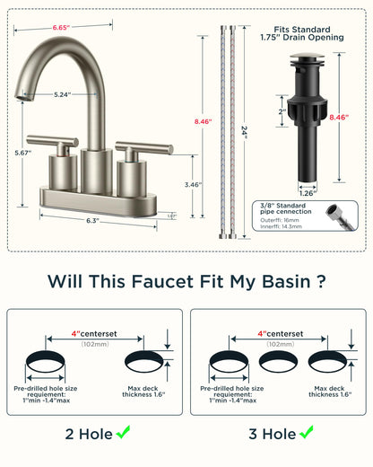 Brushed Nickel Bathroom Faucet 2 Hole (Silver)