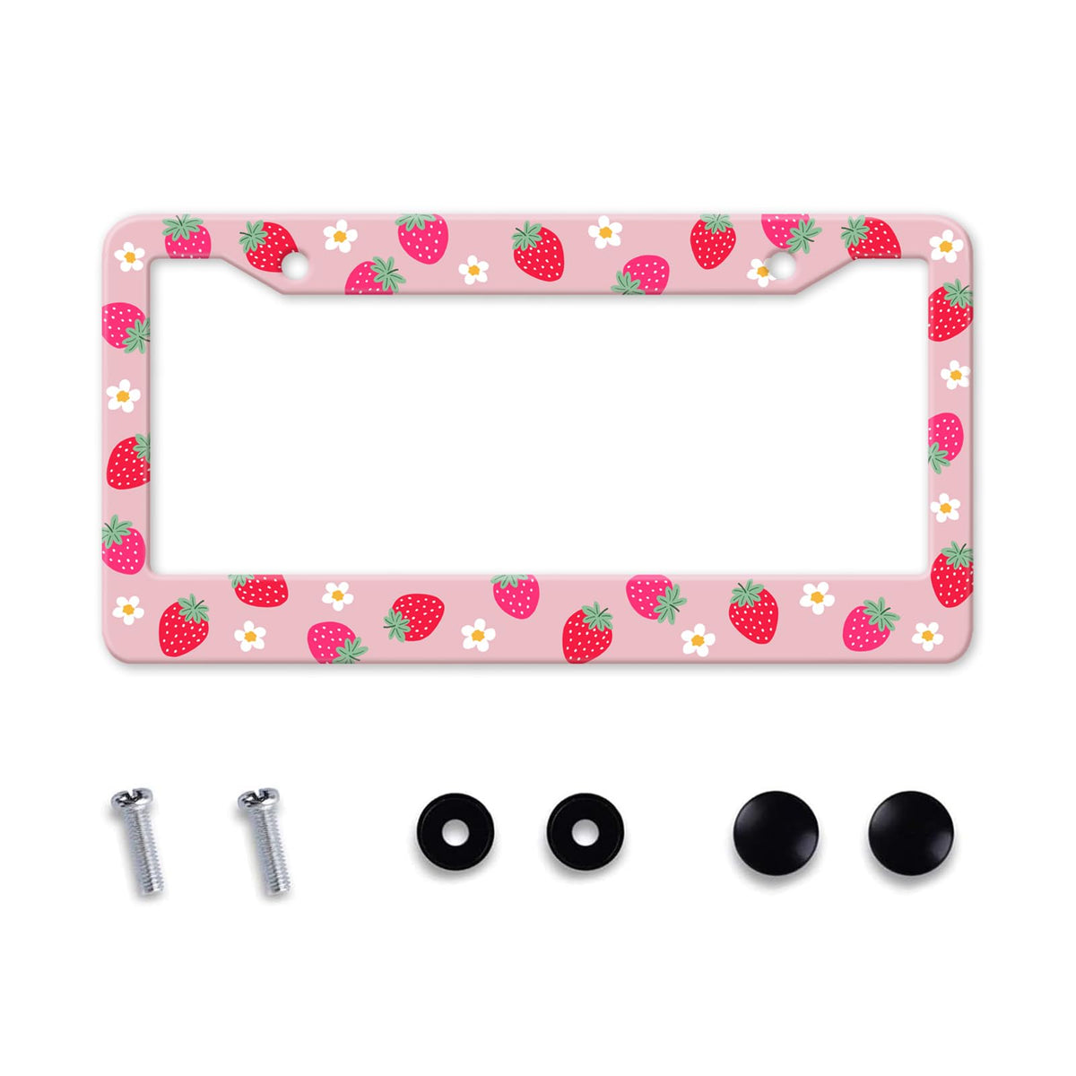 Strawberry License Plate Frame Flower Fruit Cute License Plate Frame Holder Covers with Screw Caps Kawaii Girly Metal Aluminum Rustproof Car Accessories for Women 12x6 Inch