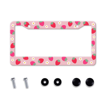 Strawberry License Plate Frame Flower Fruit Cute License Plate Frame Holder Covers with Screw Caps Kawaii Girly Metal Aluminum Rustproof Car Accessories for Women 12x6 Inch