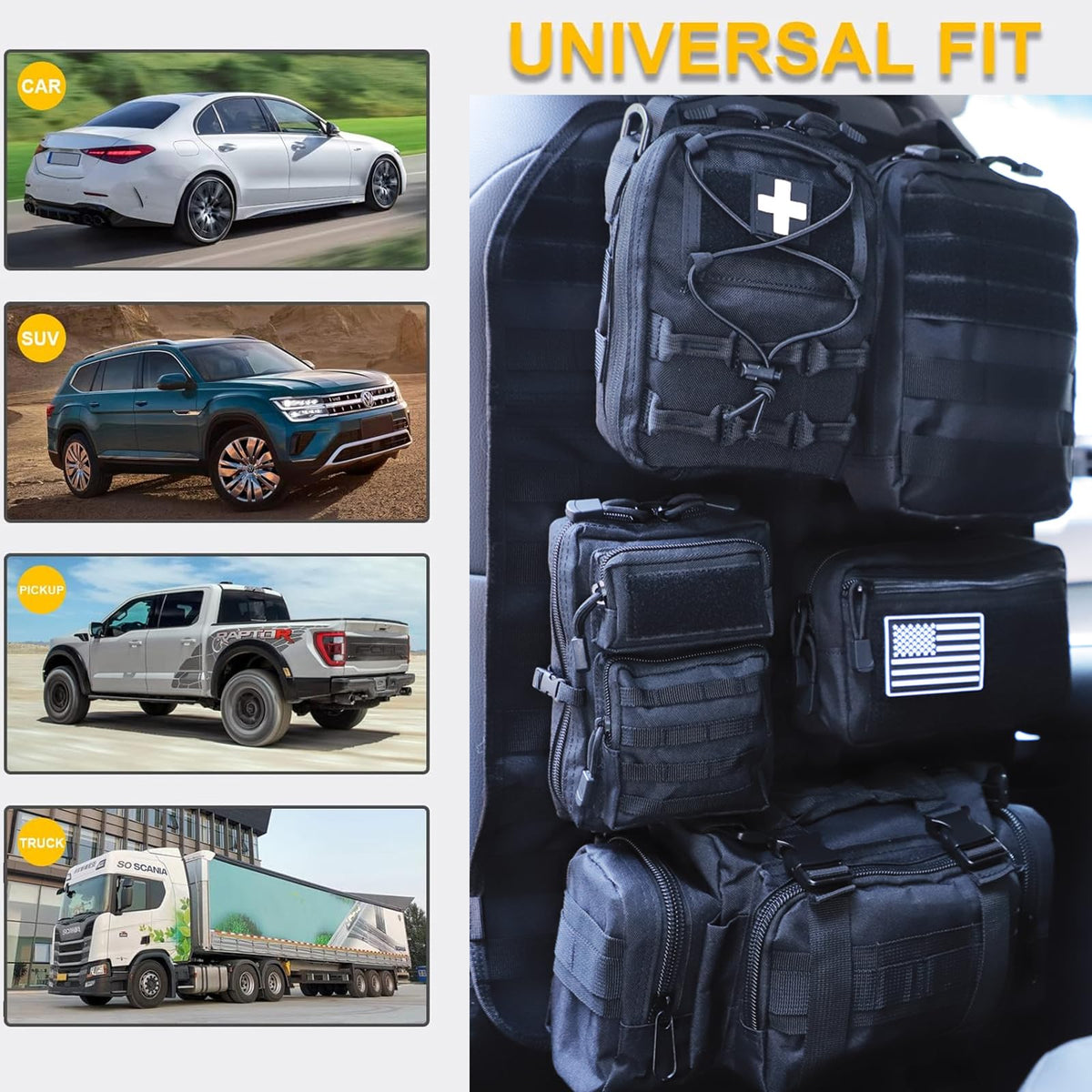 Universal Tactical Seat Back Organizer Vehicle Molle Panel Organizer Storage Bag with 5 Detachable Molle Pouch for All Vehicel Such as Jeep (Upgraded-B-Black)