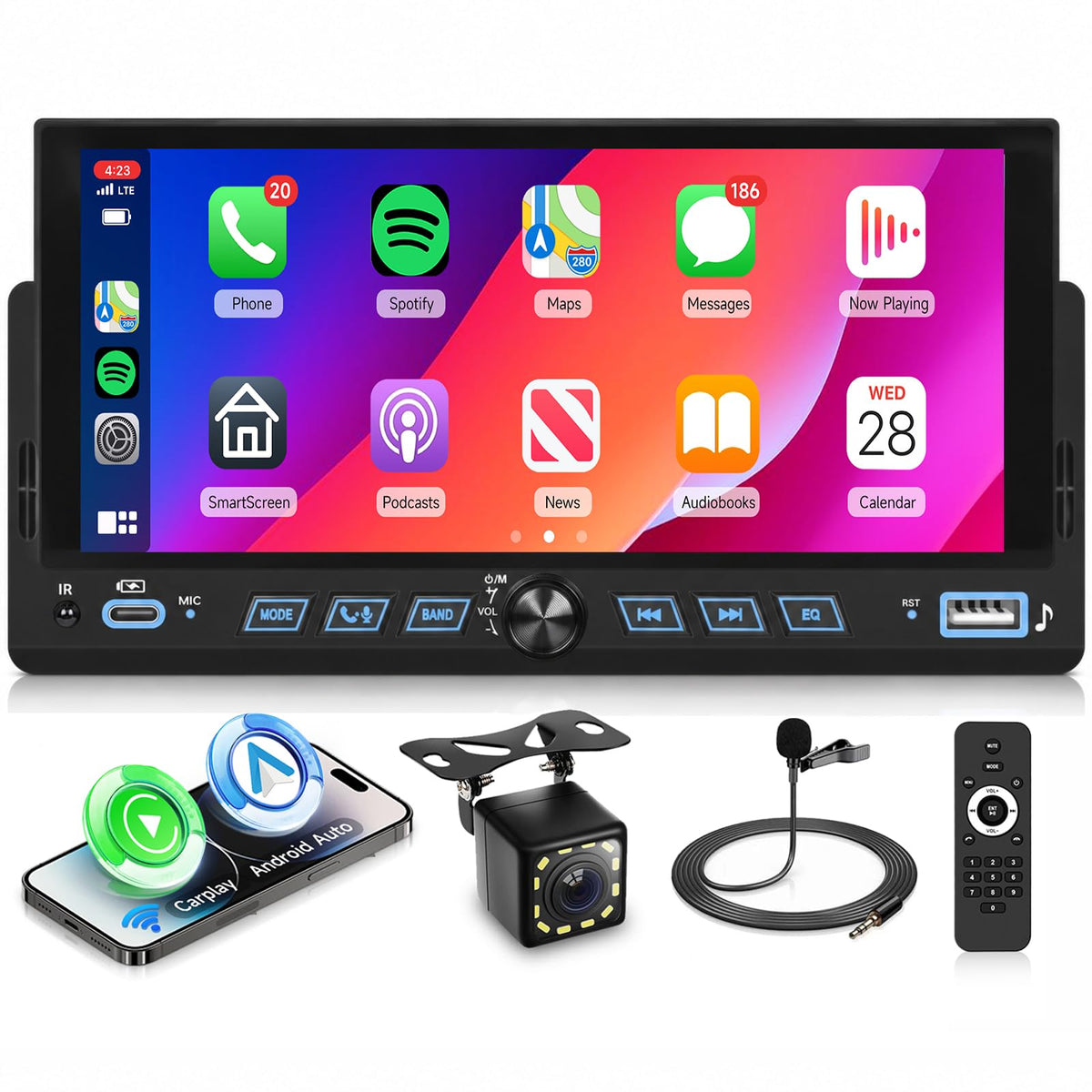 6.86" Single Din Car Stereo with Wireless CarPlay and Android Auto