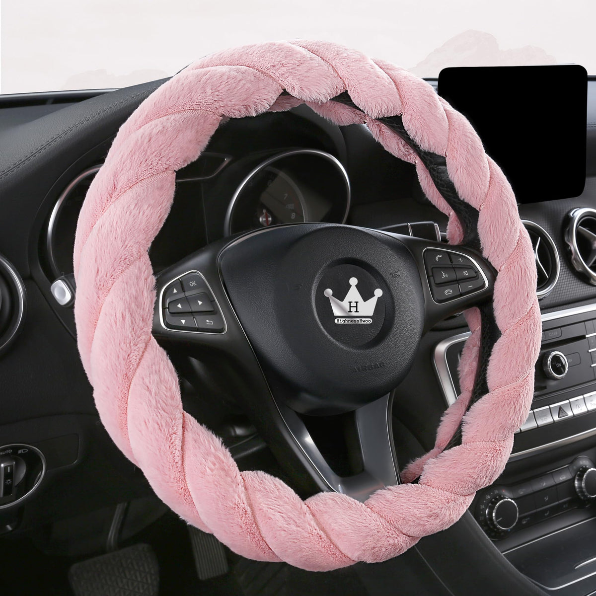 Fluffy Plush Car Steering Wheel Cover Pink 15 Inch Winter (Pink / Standard Size [14.75-15.15"] (37.5-38.5cm))