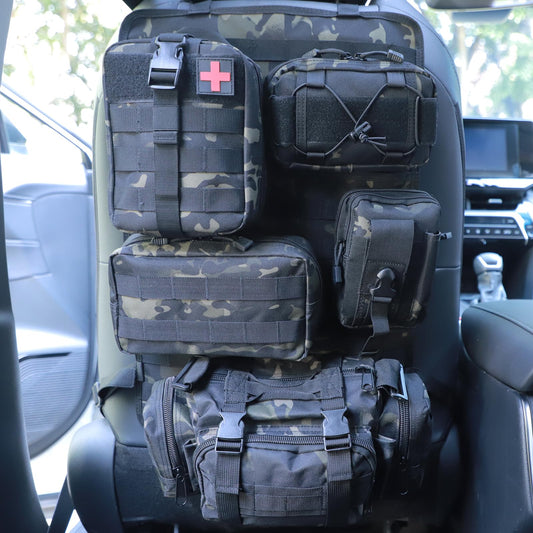 Universal Tactical Seat Back Organizer Vehicle Molle Panel Organizer Storage Bag with 5 Detachable Molle Pouch for All Vehicel Such as Jeep (B model-Black Camo)