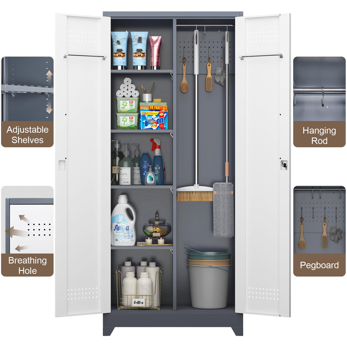 72'' Metal Utility Storage Cabinet with Pegboard & Tool Hanging Bars