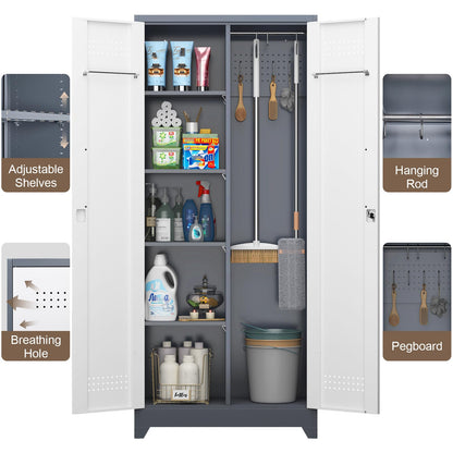 72'' Metal Utility Storage Cabinet with Pegboard & Tool Hanging Bars