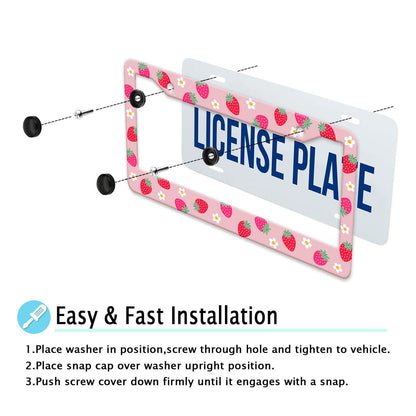 Strawberry License Plate Frame Flower Fruit Cute License Plate Frame Holder Covers with Screw Caps Kawaii Girly Metal Aluminum Rustproof Car Accessories for Women 12x6 Inch