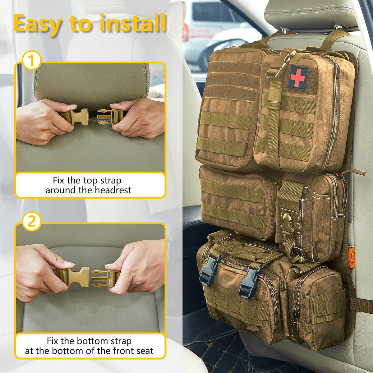 Universal Tactical Seat Back Organizer Vehicle Molle Panel Organizer Storage Bag with 5 Detachable Molle Pouch for All Vehicel Such as Jeep (A model-Khaki)