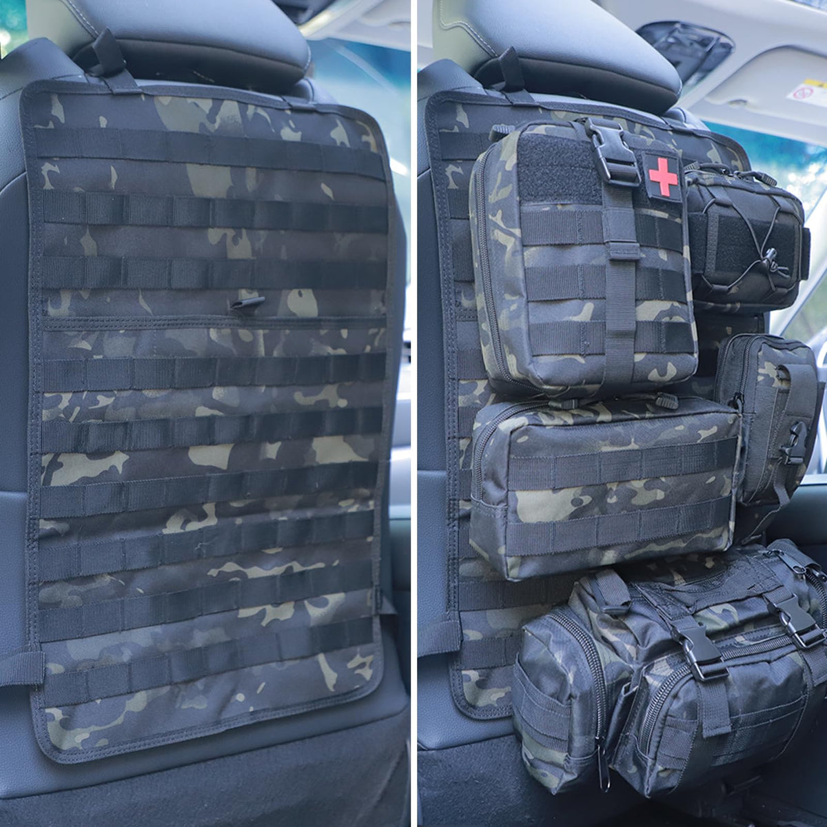 Universal Tactical Seat Back Organizer Vehicle Molle Panel Organizer Storage Bag with 5 Detachable Molle Pouch for All Vehicel Such as Jeep (B model-Black Camo)