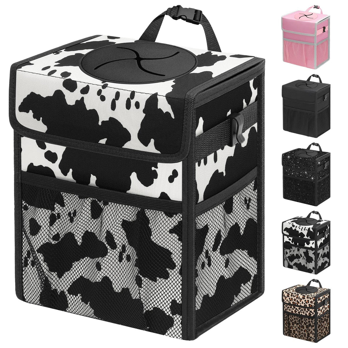 Car Trash Can with Lid (Cow Print / 2.5 Gallons)
