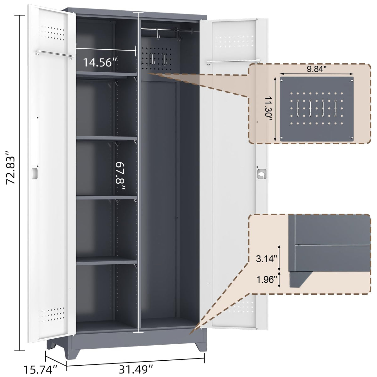 72'' Metal Utility Storage Cabinet with Pegboard & Tool Hanging Bars