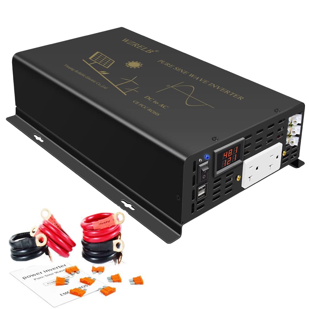 3000W Pure Sine Wave Power Inverter 48VDC to 120VAC 6000W Peak Dual AC Outlets 2× 2.4A USB Port &Hardwire Terminal Off (3000W48V)