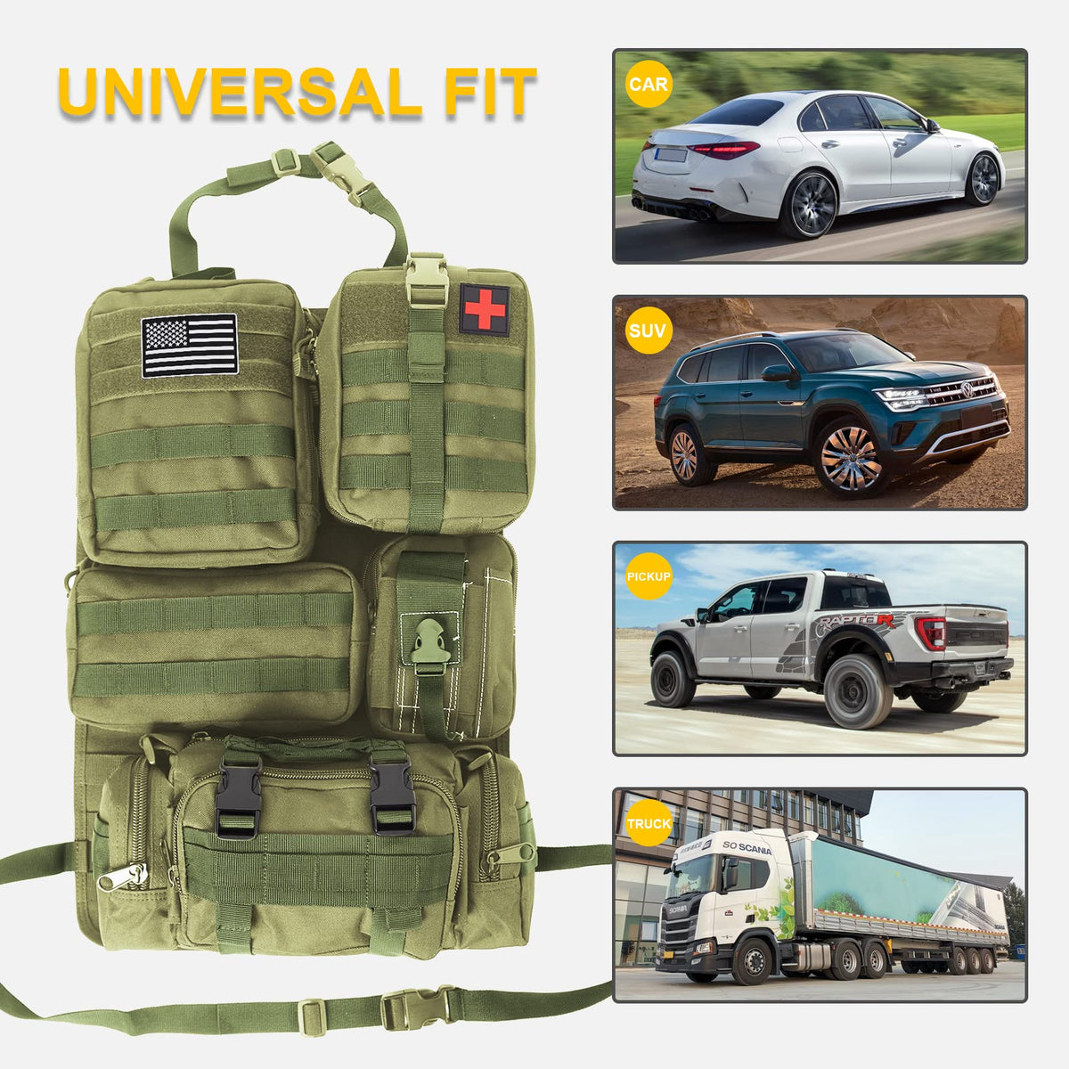 Universal Tactical Seat Back Organizer Vehicle Molle Panel Organizer Storage Bag with 5 Detachable Molle Pouch for All Vehicel Such as Jeep (A model-Military Green)