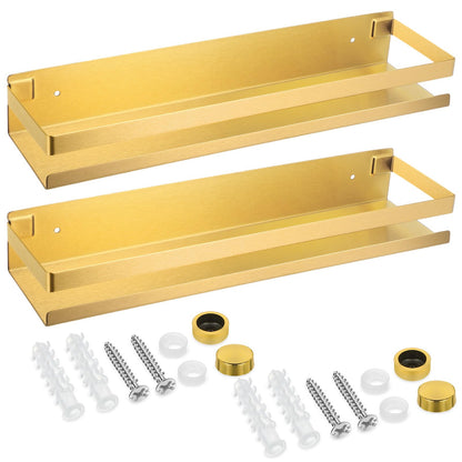 2 Pieces Stainless Steel Shelf Bathroom Shower Floating Shelves Wall Mounted Shower Caddy Basket Shelf Storage Organizer Shelves for Bathroom (15.75 Inch/ 40 cm / Gold)