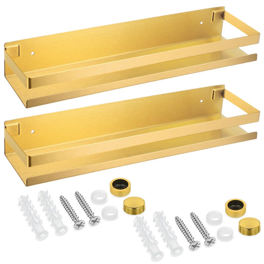 2 Pieces Stainless Steel Shelf Bathroom Shower Floating Shelves Wall Mounted Shower Caddy Basket Shelf Storage Organizer Shelves for Bathroom (15.75 Inch/ 40 cm / Gold)