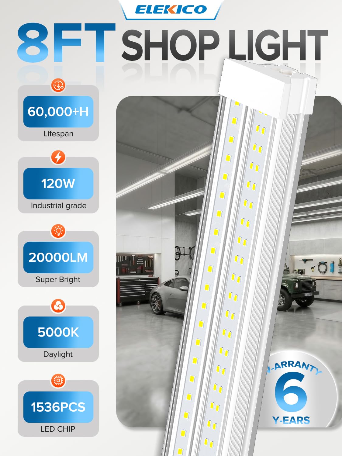 Super Bright 120W 5000K 20000LM Led Shop Lights 8FT Hanging&Surface Mount (8FT-120W-10PACK)