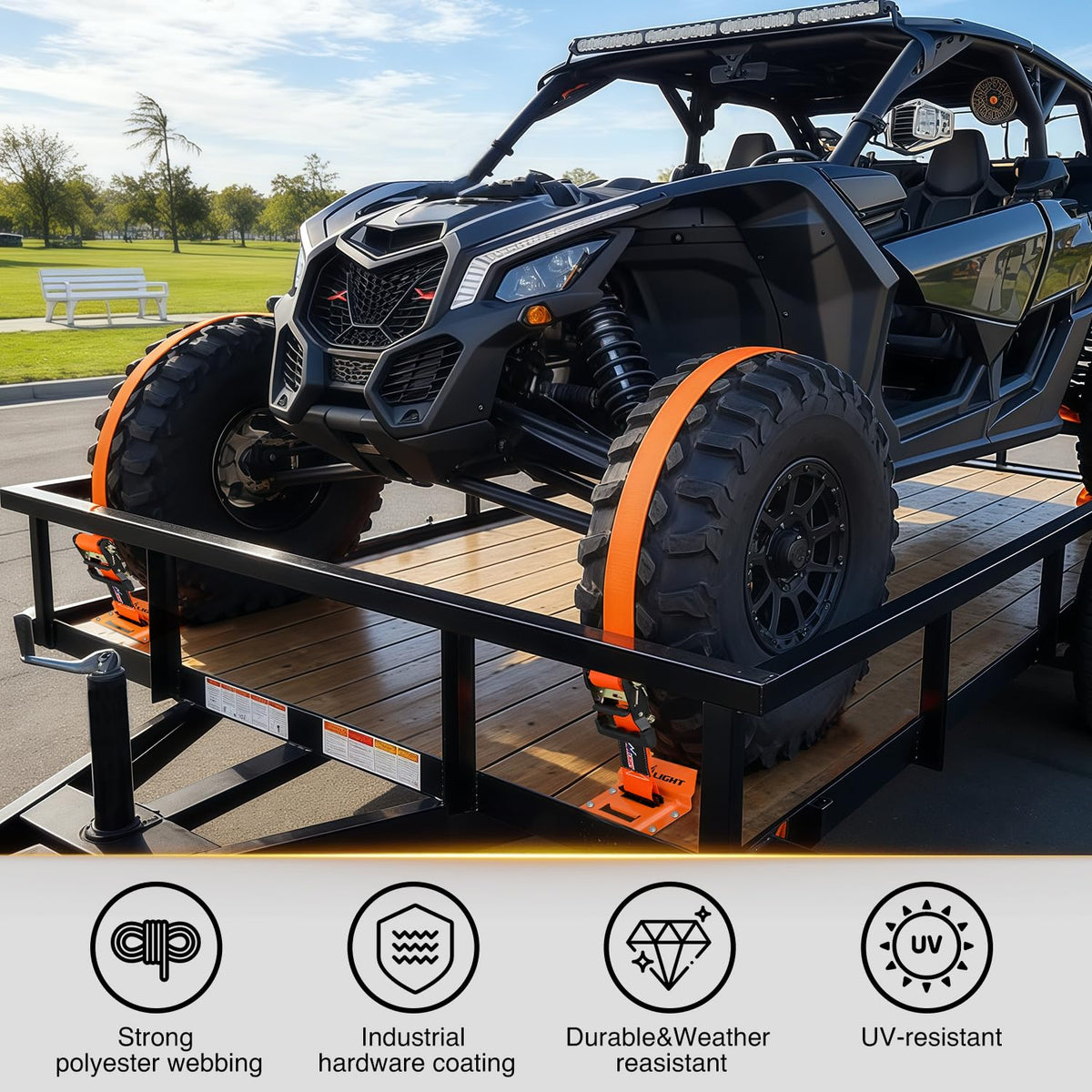 Wheel Chock Tie Down Kit with 2Pcs E Track Ratchet Straps (2Pcs E-Track Ratchet Straps + 4Pcs Wheel Chock)