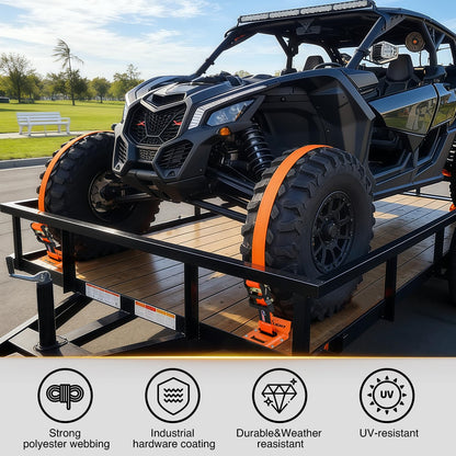 Wheel Chock Tie Down Kit with 2Pcs E Track Ratchet Straps (2Pcs E-Track Ratchet Straps + 4Pcs Wheel Chock)