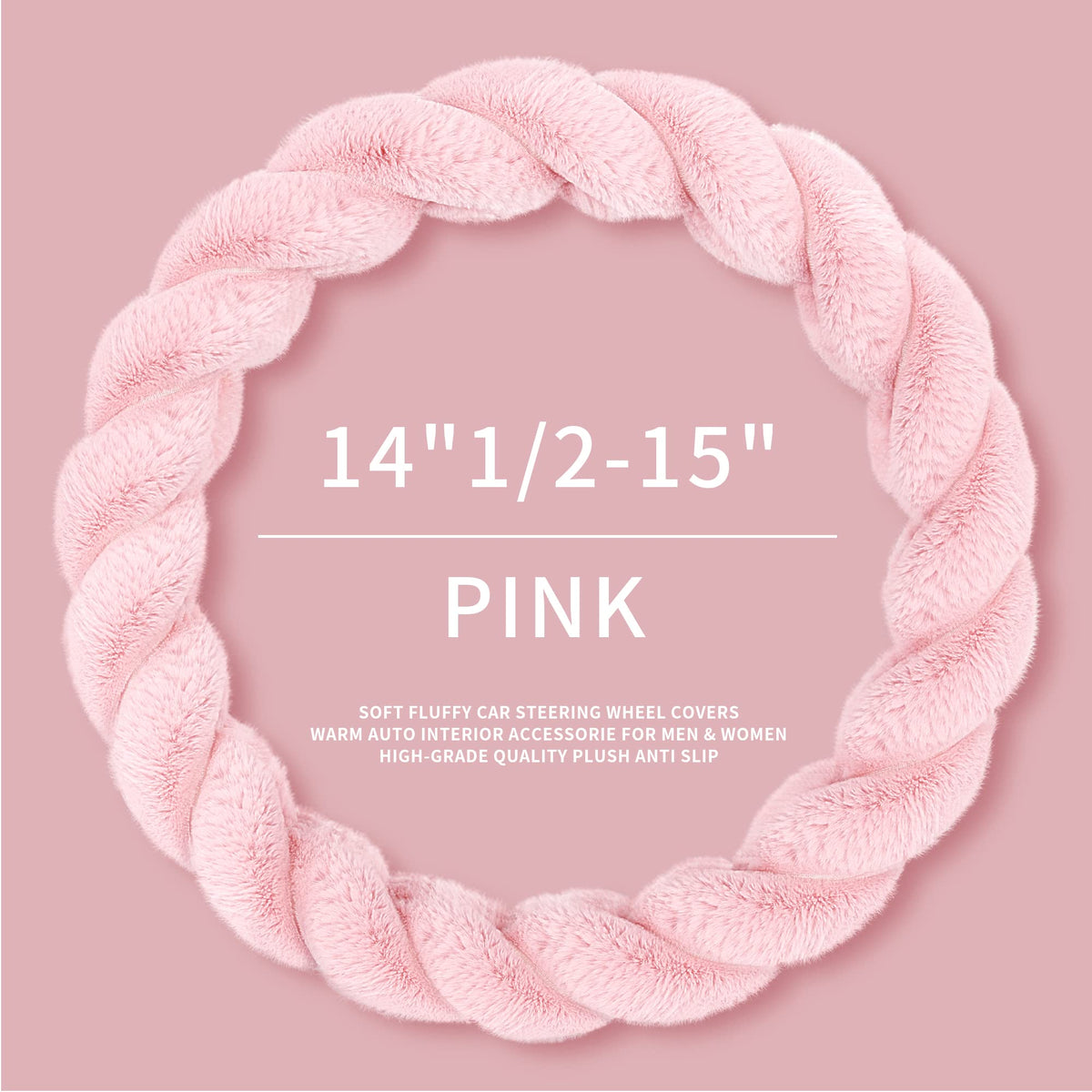 Fluffy Plush Car Steering Wheel Cover Pink 15 Inch Winter (Pink / Standard Size [14.75-15.15"] (37.5-38.5cm))
