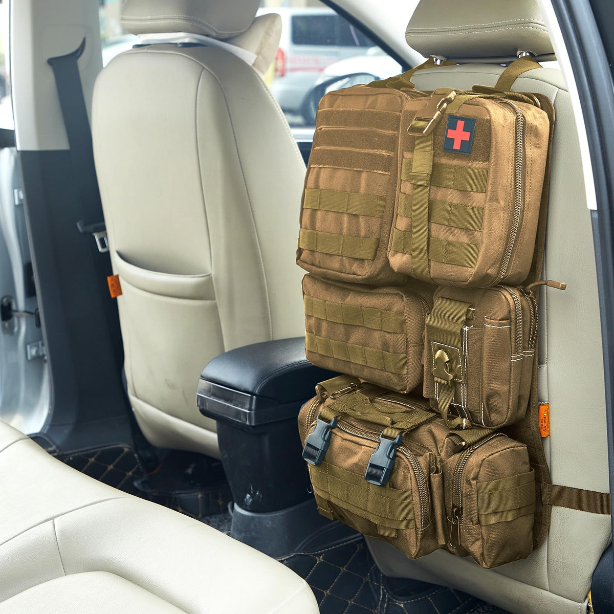 Universal Tactical Seat Back Organizer Vehicle Molle Panel Organizer Storage Bag with 5 Detachable Molle Pouch for All Vehicel Such as Jeep (A model-Khaki)