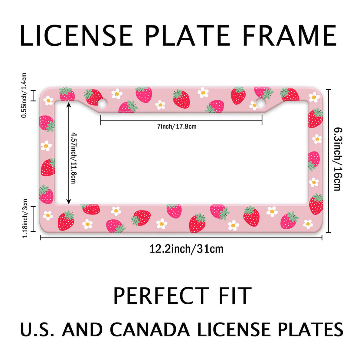 Strawberry License Plate Frame Flower Fruit Cute License Plate Frame Holder Covers with Screw Caps Kawaii Girly Metal Aluminum Rustproof Car Accessories for Women 12x6 Inch