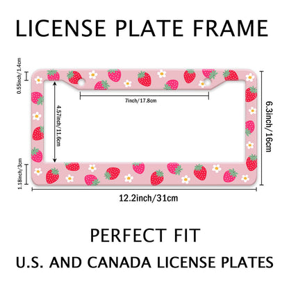 Strawberry License Plate Frame Flower Fruit Cute License Plate Frame Holder Covers with Screw Caps Kawaii Girly Metal Aluminum Rustproof Car Accessories for Women 12x6 Inch