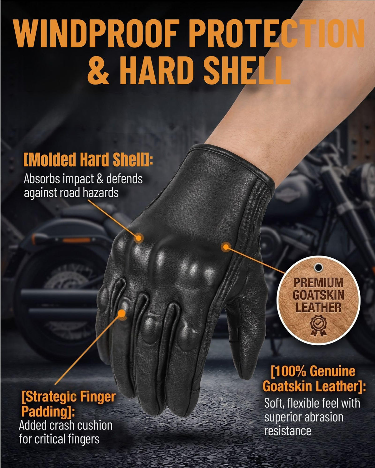 Men's Goatskin Leather Touchscreen Motorcycle Gloves Black (Non-Perforated / Small)