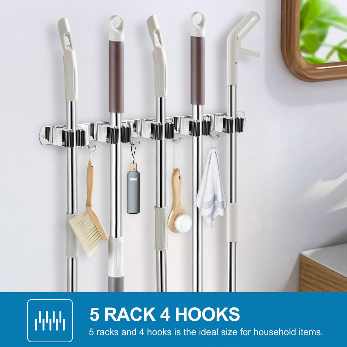 2 Pack Broom Holder Wall Mount Stainless Steel Mop Organizer (5 Racks with 4 Hooks / 2 Pack)