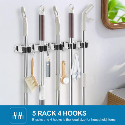 2 Pack Broom Holder Wall Mount Stainless Steel Mop Organizer (5 Racks with 4 Hooks / 2 Pack)