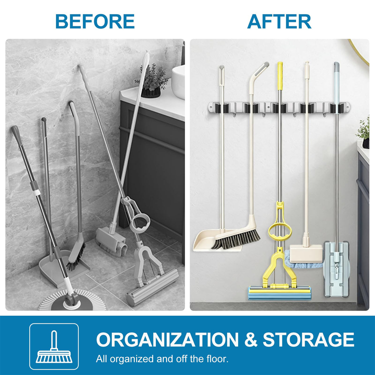 2 Pack Broom Holder Wall Mount Stainless Steel Mop Organizer (5 Racks with 4 Hooks / 2 Pack)