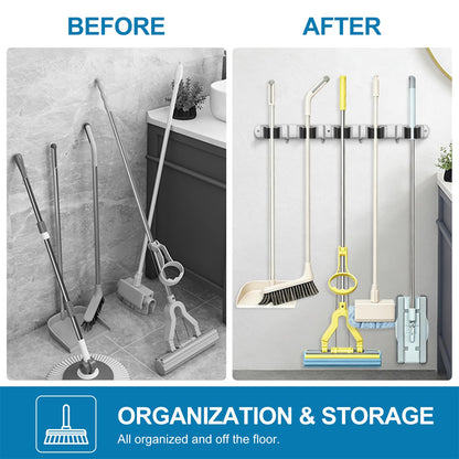2 Pack Broom Holder Wall Mount Stainless Steel Mop Organizer (5 Racks with 4 Hooks / 2 Pack)