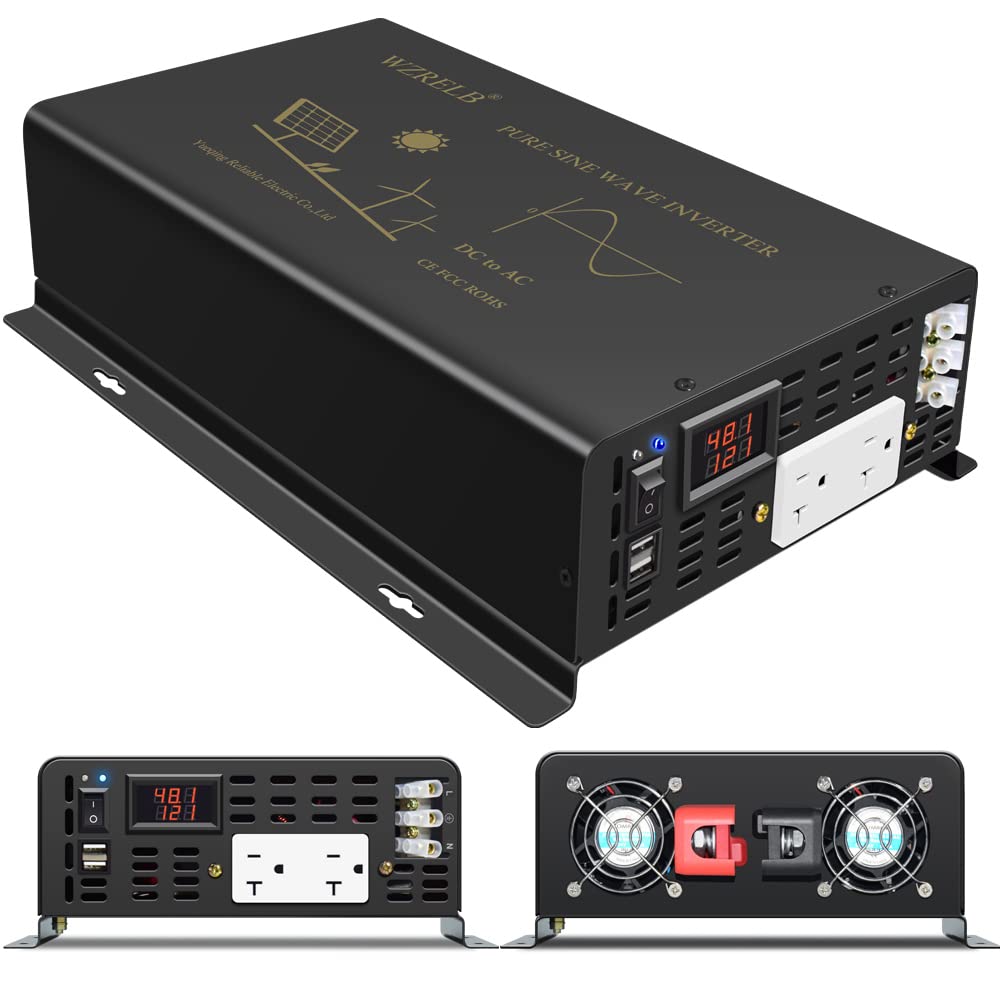 3000W Pure Sine Wave Power Inverter 48VDC to 120VAC 6000W Peak Dual AC Outlets 2× 2.4A USB Port &Hardwire Terminal Off (3000W48V)
