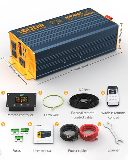 1500W/3000W(Peak) Power Inverter Pure Sine Wave DC 12V to 110V 120V AC Converter 3 AC Outlets Car Inverters with 4 USB Fast Charging Ports, LCD Display and Remote Controller for Truck RV (1500W- 12V)