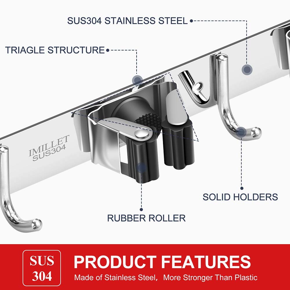 2 Pack Broom Holder Wall Mount Stainless Steel Mop Organizer (3 Racks with 4 Hooks / 2 Pack)