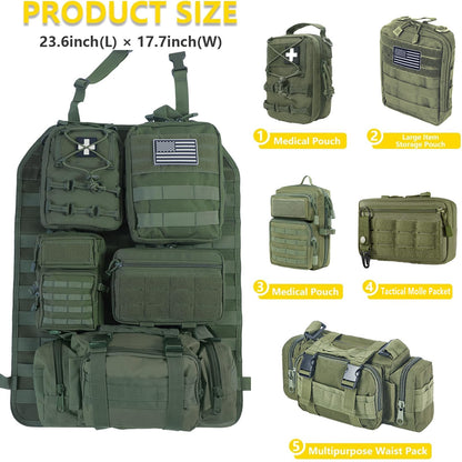 Universal Tactical Seat Back Organizer Vehicle Molle Panel Organizer Storage Bag with 5 Detachable Molle Pouch for All Vehicel Such as Jeep (Upgraded-B-Military Green)