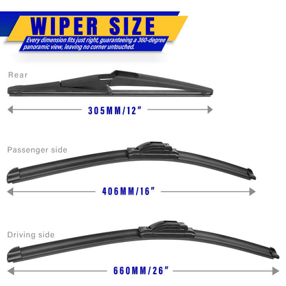3 Wipers Fits Nissan Kicks 2018 (26"/16"/12")