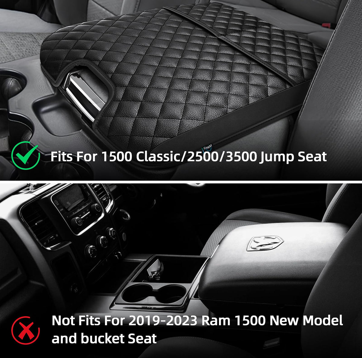 Center Console Cover for 2013 (Fit for 2013-2018 Dodge Ram Jump Seat / Black Leather（with 2 Front Pockets）)