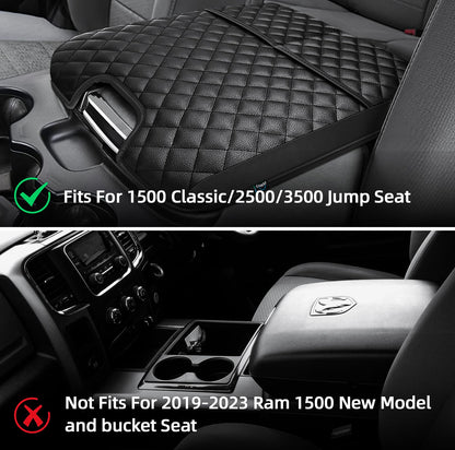 Center Console Cover for 2013 (Fit for 2013-2018 Dodge Ram Jump Seat / Black Leather（with 2 Front Pockets）)