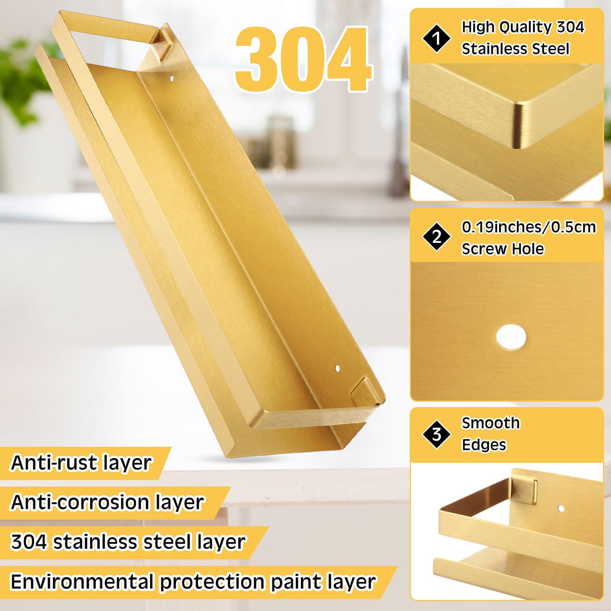 2 Pieces Stainless Steel Shelf Bathroom Shower Floating Shelves Wall Mounted Shower Caddy Basket Shelf Storage Organizer Shelves for Bathroom (15.75 Inch/ 40 cm / Gold)