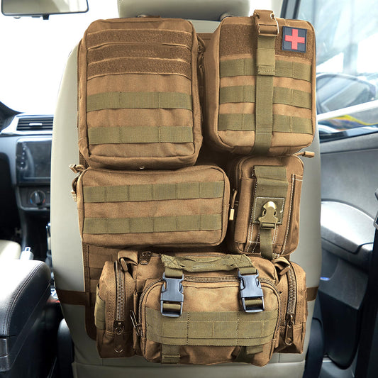 Universal Tactical Seat Back Organizer Vehicle Molle Panel Organizer Storage Bag with 5 Detachable Molle Pouch for All Vehicel Such as Jeep (A model-Khaki)