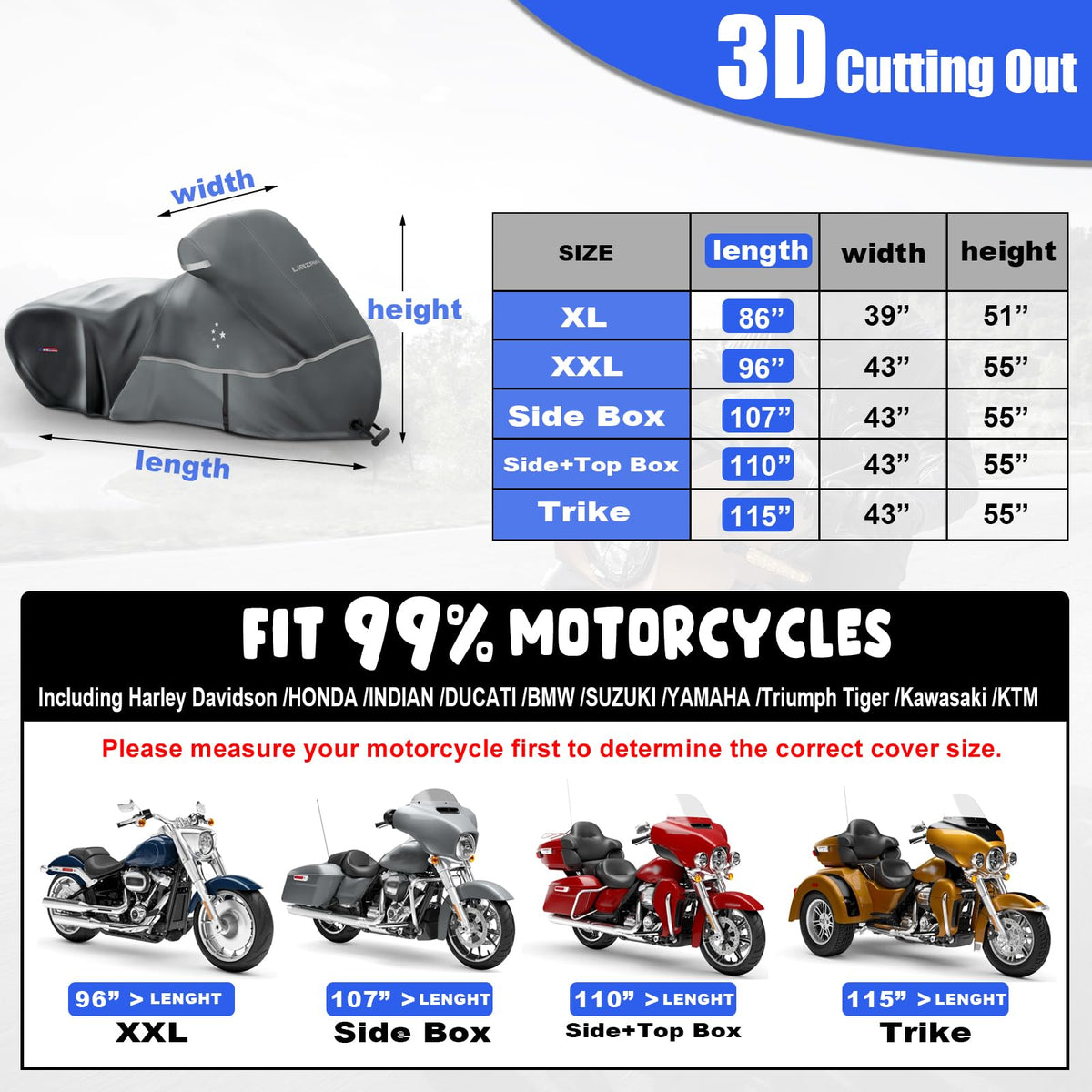 600D Heavy Duty Motorcycle Cover Universal Fit Bike 96“ (Light Gray / 96"-XXL)