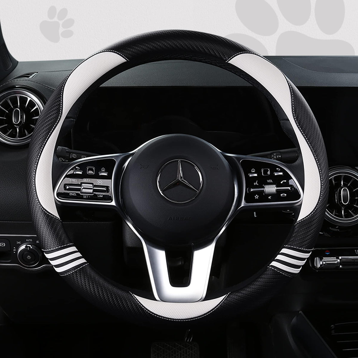 Carbon Cute Car Steering Wheel Cover White 15 Inch All Season (White+Black / Standard Size[14.75-15.15"](37.5-38.5cm))