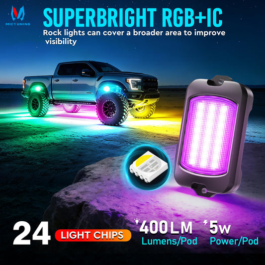 Q1 RGB+IC Rock Lights with 8‑Pod 192 Light Chips Ultra Bright (rgb+ic 8 pods)