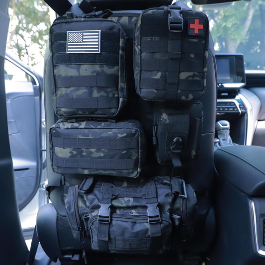 Universal Tactical Seat Back Organizer Vehicle Molle Panel Organizer Storage Bag with 5 Detachable Molle Pouch for All Vehicel Such as Jeep (A model-Black Camo)