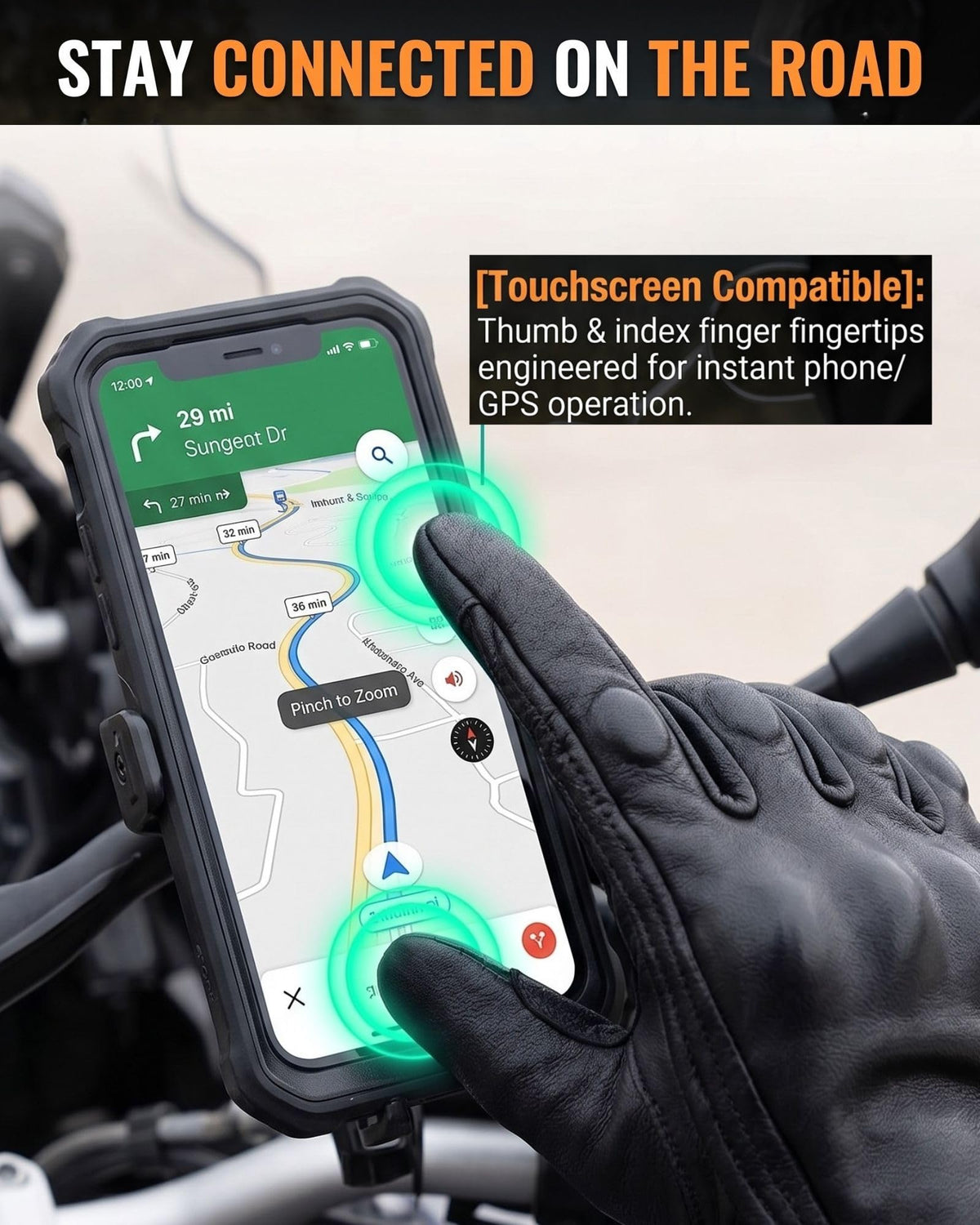 Men's Goatskin Leather Touchscreen Motorcycle Gloves Black (Non-Perforated / Small)